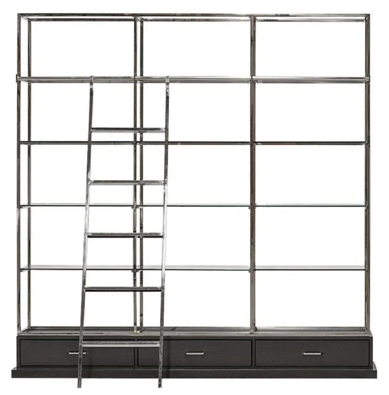Casa Padrino Regalschrank mit Leiter Silber / Schwarz 220 x 45 x H. 240 cm - Bücherschrank - Wohnzimmer Schrank - Büro Schrank - Wohnzimmer Möbel - Büro Möbel - Luxus Möbel