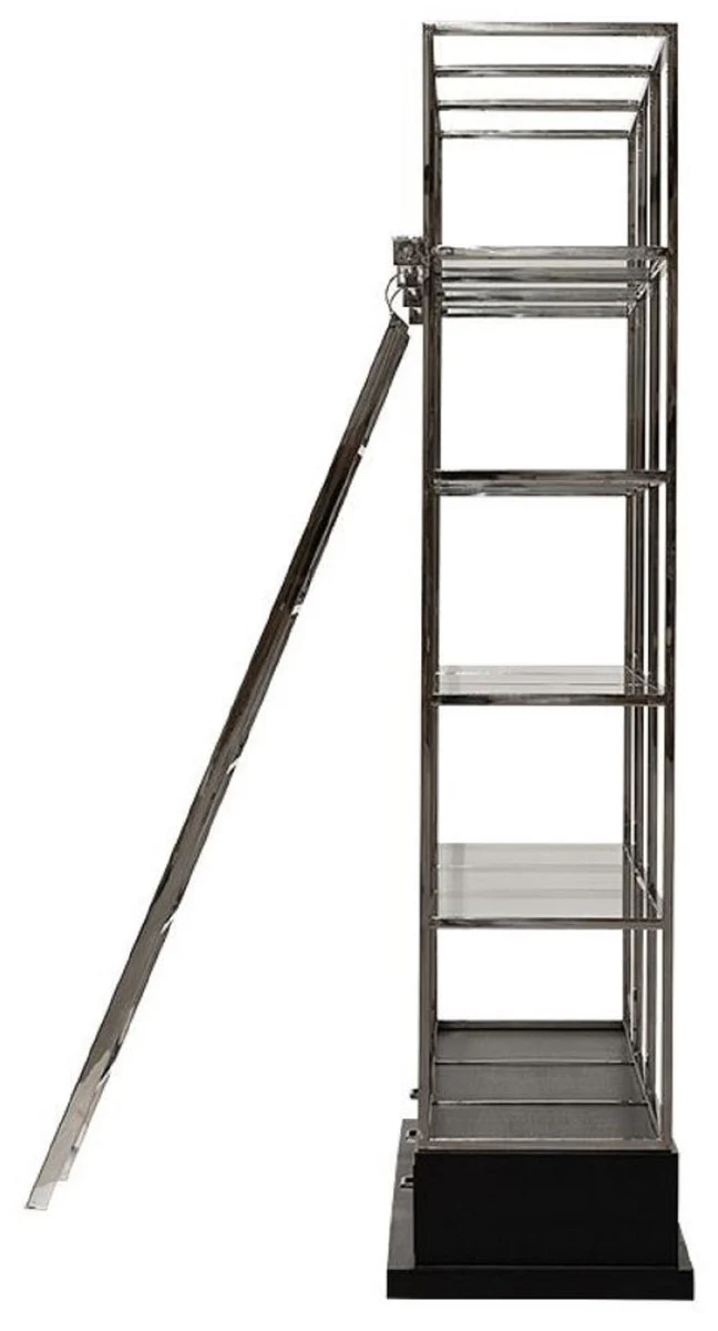 Casa Padrino Regalschrank mit Leiter Silber / Schwarz 220 x 45 x H. 240 cm - Bücherschrank - Wohnzimmer Schrank - Büro Schrank - Wohnzimmer Möbel - Büro Möbel - Luxus Möbel