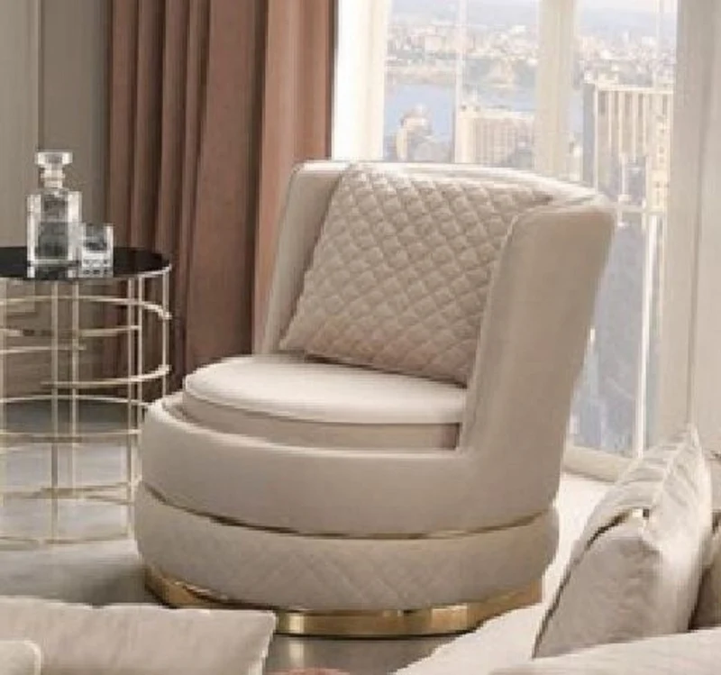 Casa Padrino Luxus Drehsessel Creme / Gold 80 x 85 x H. 81 cm - Wohnzimmer Sessel mit edlem Samtstoff - Wohnzimmer Möbel - Luxus Möbel - Luxus Einrichtung
