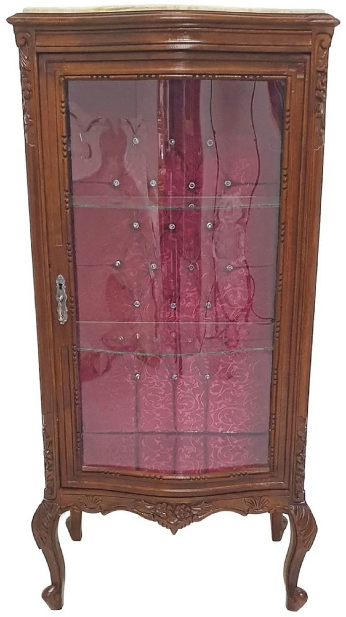 Casa Padrino Barock Vitrine Braun / Creme / Bordeauxrot - Handgefertigter Massivholz Vitrinenschrank mit Glitzersteinen und Marmorplatte - Wohnzimmer Möbel im Barockstil - Barock Möbel