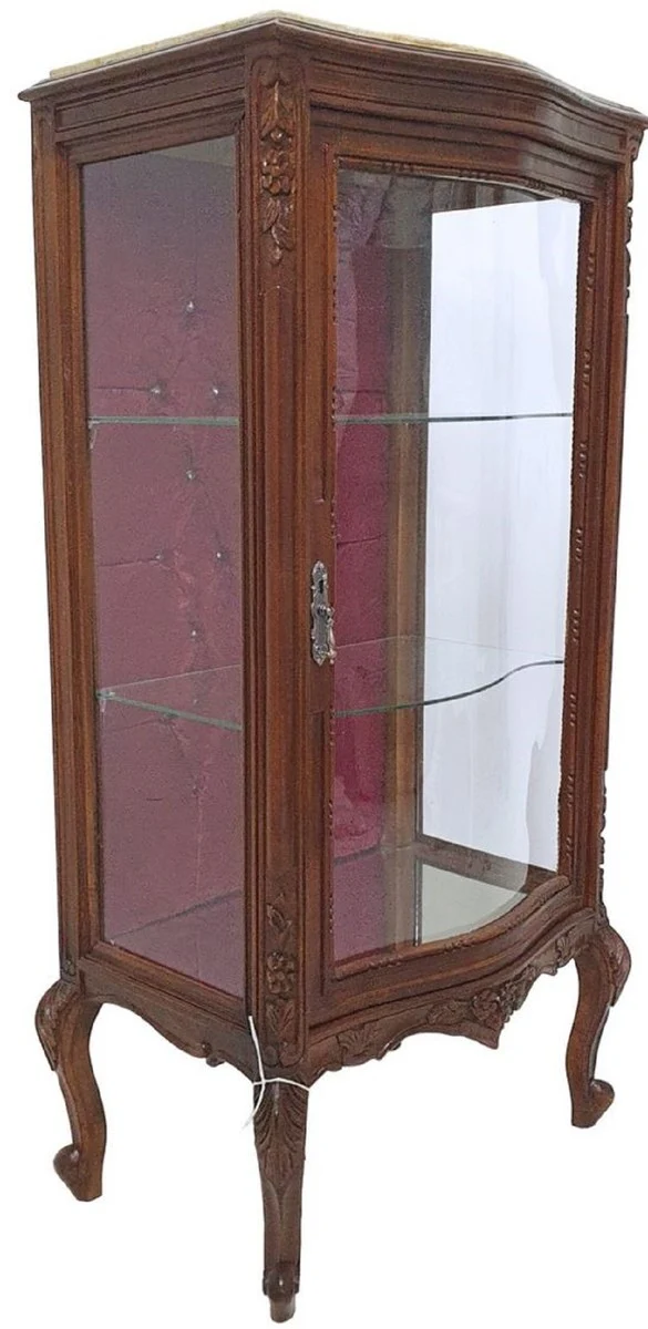 Casa Padrino Barock Vitrine Braun / Creme / Bordeauxrot - Handgefertigter Massivholz Vitrinenschrank mit Glitzersteinen und Marmorplatte - Wohnzimmer Möbel im Barockstil - Barock Möbel