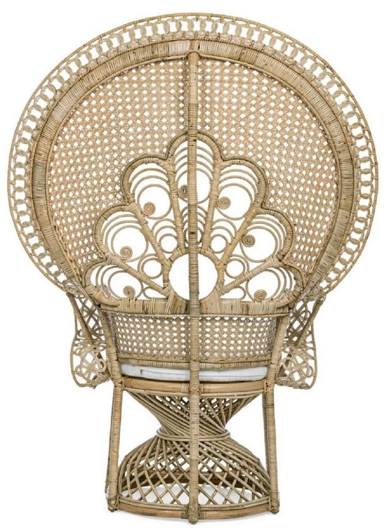 Casa Padrino Luxus Garten Sessel Naturfarben / Weiß 106 x 71 x H. 148 cm - Vintage Stil Rattan Sessel mit Sitzkissen - Vintage Stil Rattan Möbel - Garten & Terrassen Möbel