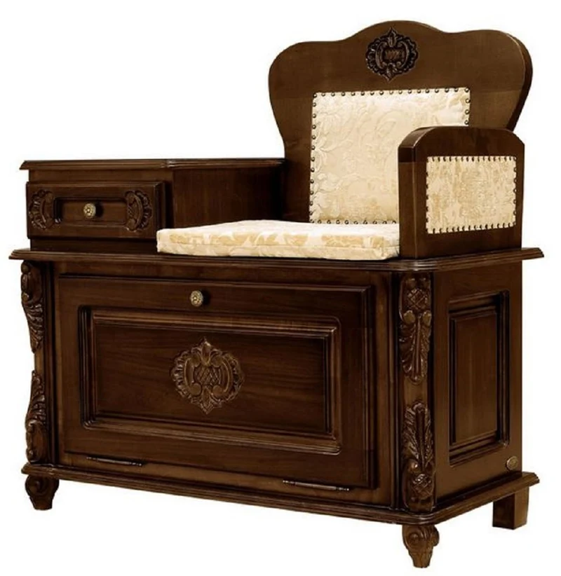 Casa Padrino Luxus Barock Telefonbank Dunkelbraun / Creme - Handgefertigter Barockstil Massivholz Flurschrank mit Sitzbank - Barock Möbel
