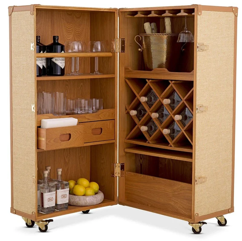 Casa Padrino Luxus Weinschrank im Koffer Design Naturfarben / Braun 59 x 59 x H. 122,5 cm - Kofferschrank mit Rollen - Bar Möbel - Luxus Möbel - Luxus Qualität