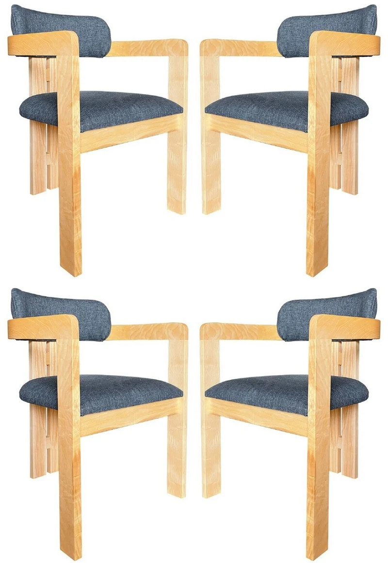 Casa Padrino Luxus Esszimmerstuhl 4er Set mit Armlehnen Blau / Naturfarben 56 x 54 x H. 82 cm - Esszimmer Möbel - Restaurant Möbel - Massivholz Möbel - Luxus Möbel