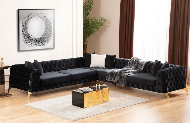 Casa Padrino Luxus Chesterfield Ecksofa Schwarz / Gold 310 x 270 x H. 70 cm - Chesterfield Wohnzimmer Sofa - Wohnzimmer Möbel - Luxus Chesterfield Möbel - Luxus Wohnzimmer Einrichtung