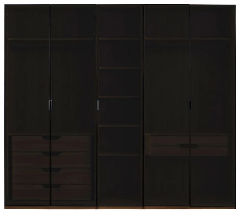 Casa Padrino Luxus Kleiderschrank Braun / Schwarz 250 x H. 220 cm - Massivholz Schlafzimmerschrank mit 5 Glastüren und LED Beleuchtung - Schlafzimmer Möbel - Hotel Möbel - Luxus Möbel