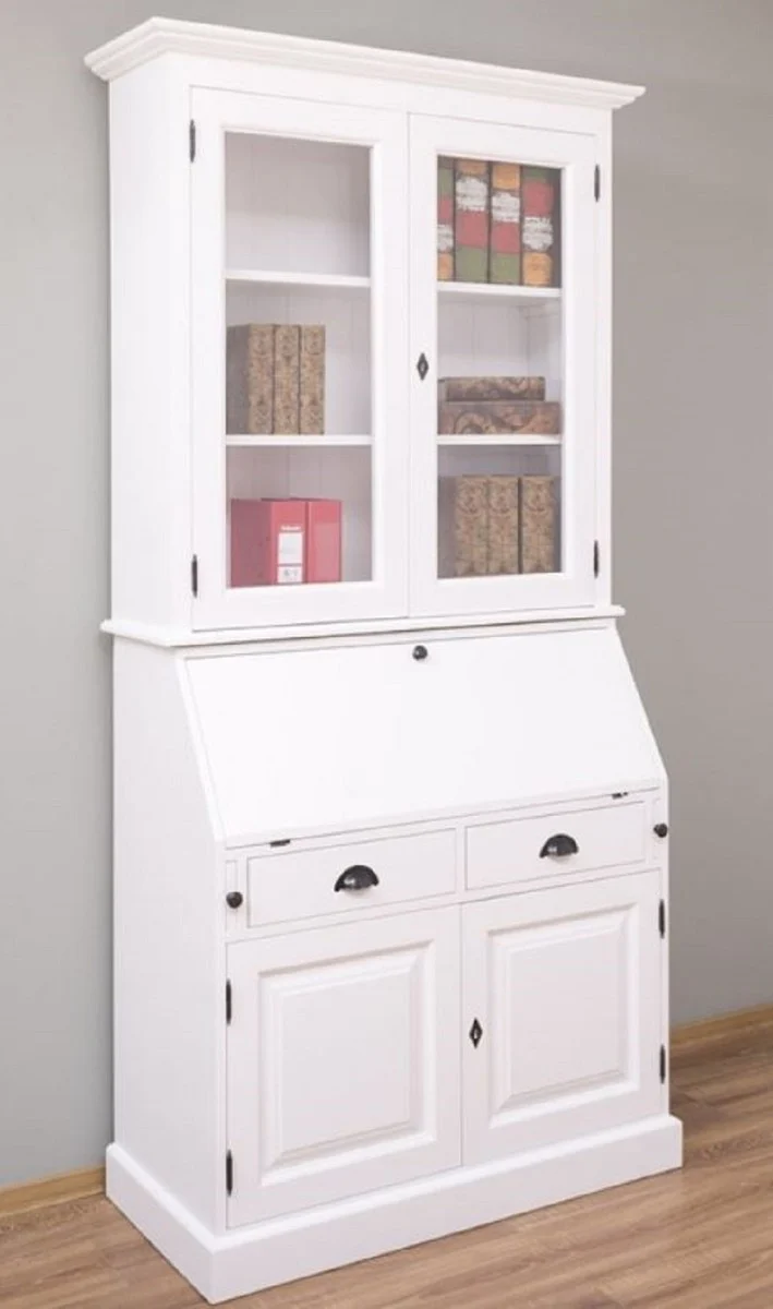 Casa Padrino Landhausstil Büroschrank Weiß 110 x 49 x H. 219 cm - Massivholz Schrank - Bücherschrank - Regalschrank - Wohnzimmerschrank - Landhausstil Möbel