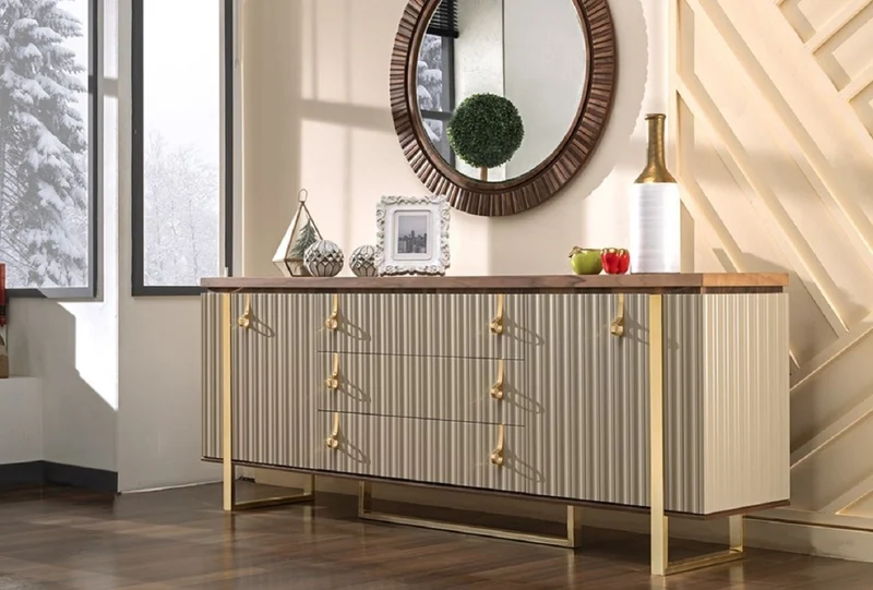 Casa Padrino Luxus Art Deco Sideboard Grau / Braun / Gold 200 x 42 x H. 80 cm - Edler Massivholz Schrank mit 2 Türen und 3 Schubladen - Art Deco Möbel - Luxus Möbel
