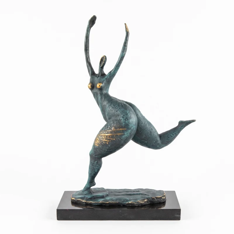 Casa Padrino Luxus Bronze Deko Skulptur Tänzerin Türkis / Gold / Schwarz 35 x 15 x H. 48 cm - Abstrakte Bronze Deko Figur mit Marmorsockel - Schreibtisch Deko - Deko Accessoires