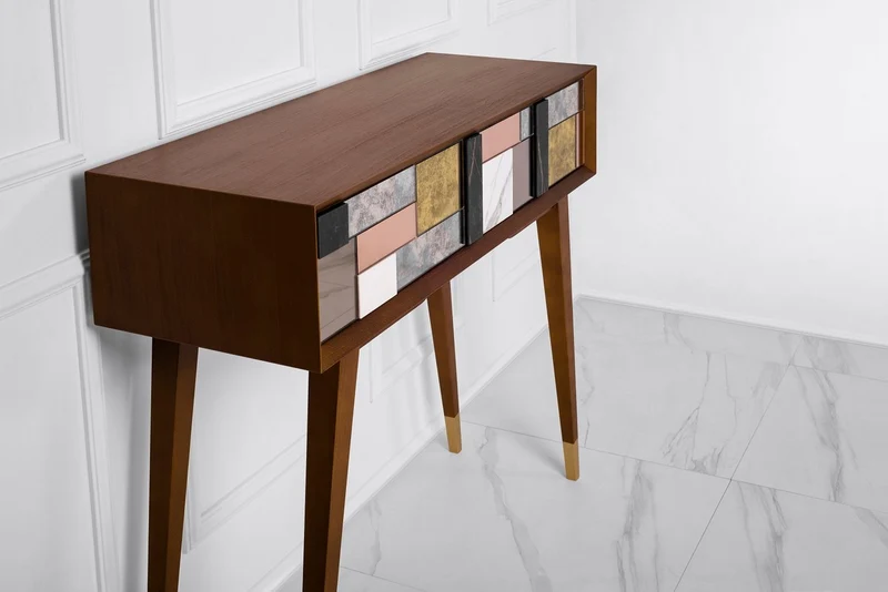 Casa Padrino Luxus Konsole Matt Cognac / Mehrfarbig / Gold 100 x 35 x H. 80 cm - Verspiegelter Massivholz Konsolentisch mit 2 Schubladen - Luxus Möbel - Luxus Einrichtung