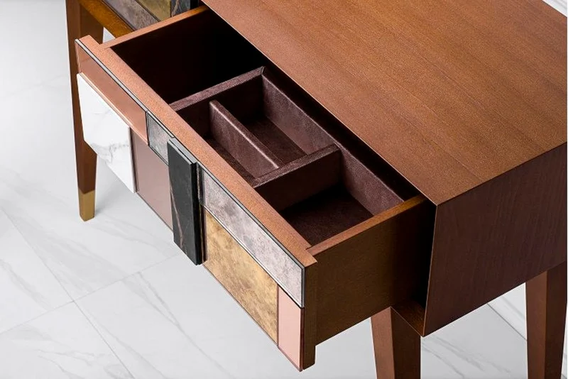 Casa Padrino Luxus Konsole Matt Cognac / Mehrfarbig / Gold 100 x 35 x H. 80 cm - Verspiegelter Massivholz Konsolentisch mit 2 Schubladen - Luxus Möbel - Luxus Einrichtung