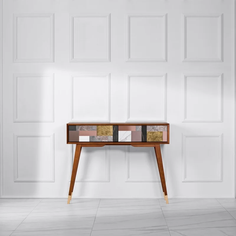 Casa Padrino Luxus Konsole Matt Cognac / Mehrfarbig / Gold 100 x 35 x H. 80 cm - Verspiegelter Massivholz Konsolentisch mit 2 Schubladen - Luxus Möbel - Luxus Einrichtung