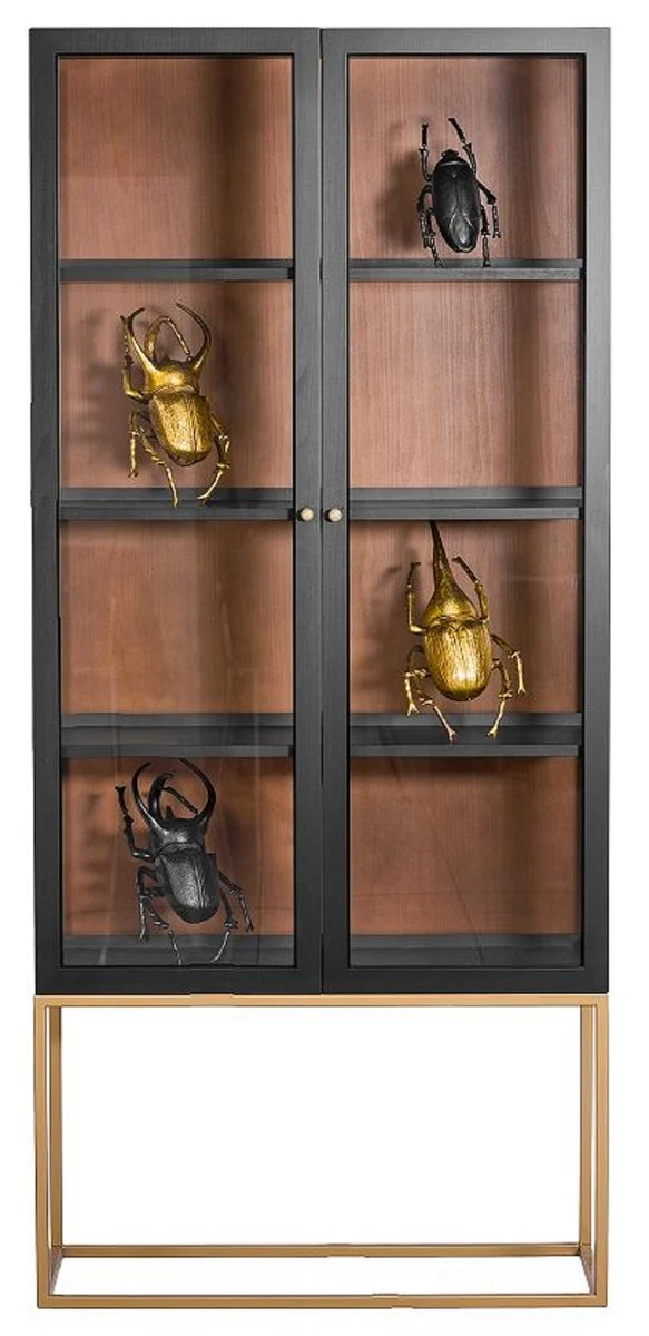 Casa Padrino Luxus Vitrine mit LED Beleuchtung Matt Schwarz / Messing / Matt Cognac 90 x 40 x H. 200 cm - Beleuchteter Massivholz Vitrinenschrank mit 2 Glastüren - Wohnzimmer Möbel - Luxus Möbel