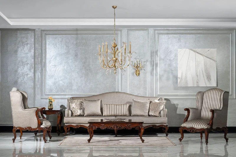 Casa Padrino Luxus Barock Wohnzimmer Set Silber / Braun - 2 Sofas & 2 Sessel & 1 Couchtisch & 2 Beistelltische - Handgefertigte Wohnzimmer Möbel im Barockstil - Edel & Prunkvoll