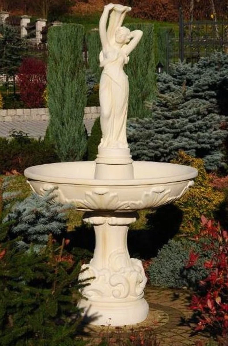 Casa Padrino Barock Springbrunnen Beige Ø 110 x H. 180 cm - Prunkvoller Gartenbrunnen im Barockstil - Runder Gartendeko Stein Brunnen - Barock Garten Deko Accessoires