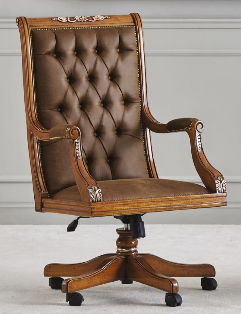 Casa Padrino Luxus Barock Chesterfield Schreibtischstuhl Braun - Höhenverstellbarer Barockstil Bürostuhl mit edlem Kunstleder - Barock Büro Möbel - Luxus Qualität - Made in Italy