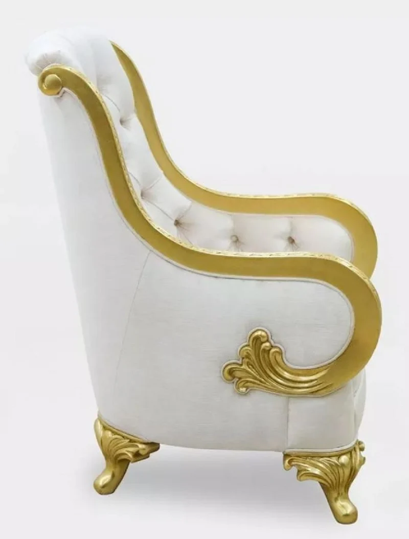 Casa Padrino Luxus Barock Wohnzimmer Sessel Hellgrau / Gold - Handgefertigter Barockstil Sessel - Luxus Wohnzimmer Möbel im Barockstil - Barock Möbel - Edel & Prunkvoll