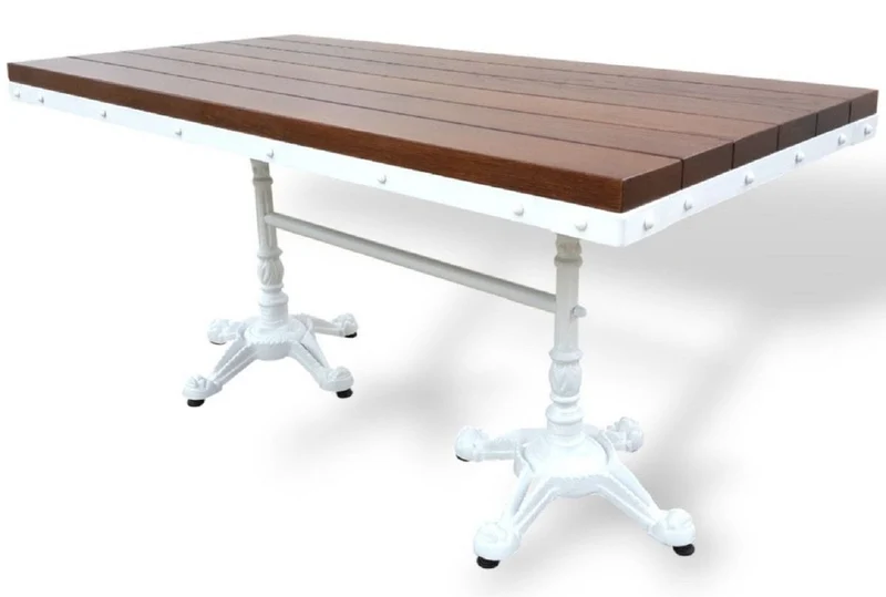 Casa Padrino Industrie Stil Garten Esstisch Dunkelbraun / Weiß 180 x 80 x H. 76 cm - Rechteckiger Gartentisch mit Massivholz Tischplatte - Industrie Stil Gastronomie & Garten Möbel
