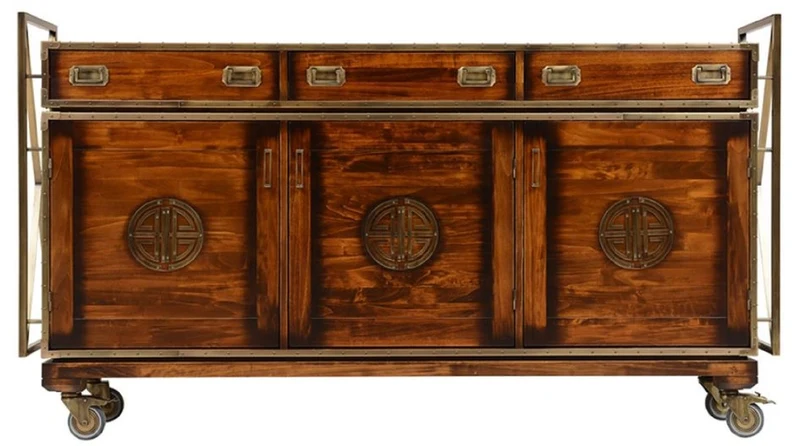 Casa Padrino Luxus Vintage Stil Sideboard mit 3 Schubladen und 3 Türen Braun / Messing 200 x 45 x H. 112,5 cm - Vintage Stil Schrank - Massivholz Möbel - Vintage Stil Möbel - Luxus Möbel