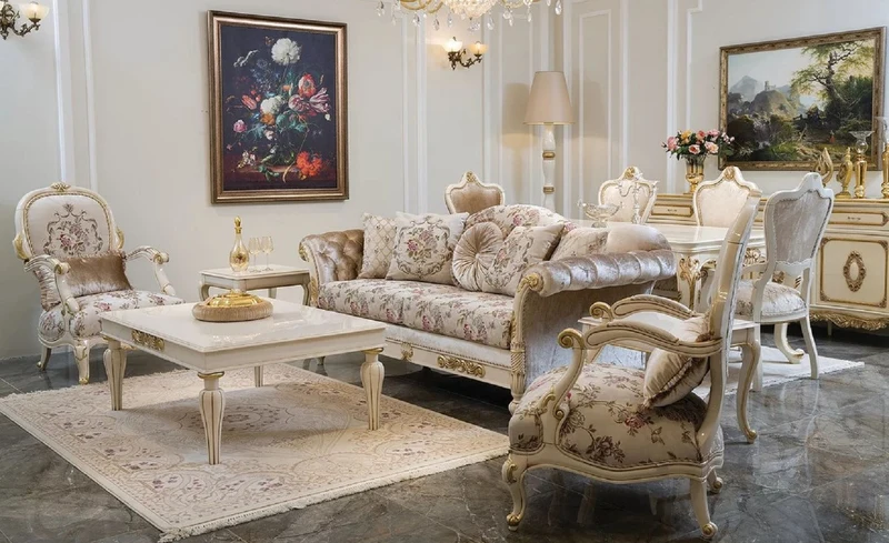 Casa Padrino Luxus Barock Wohnzimmer Set Creme / Rosa / Weiß / Gold - 2 Sofas & 2 Sessel & 1 Couchtisch - Handgefertigte Wohnzimmer Möbel im Barockstil - Edel & Prunkvoll