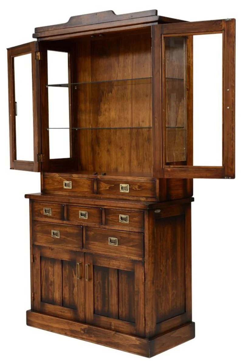 Casa Padrino Luxus Vintage Stil Vitrine Braun / Messing 102,5 x 46 x H. 198 cm - Massivholz Vitrinenschrank mit 4 Türen und 7 Schubladen - Massivholz Möbel - Vintage Stil Möbel - Luxus Möbel