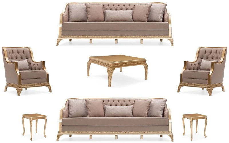 Casa Padrino Luxus Barock Wohnzimmer Set Braun / Gold - 2 Sofas & 2 Sessel & 1 Couchtisch & 2 Beistelltische - Handgefertigte Luxus Wohnzimmer Möbel im Barockstil - Edel & Prunkvoll
