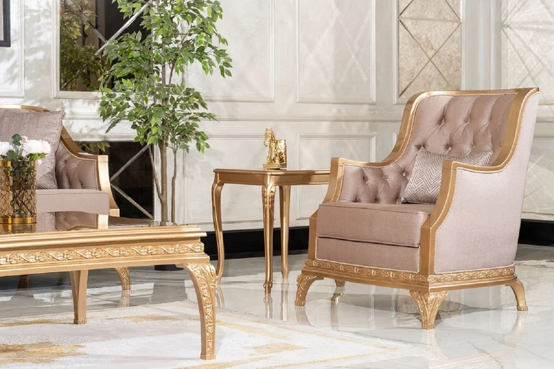 Casa Padrino Luxus Barock Wohnzimmer Set Braun / Gold - 2 Sofas & 2 Sessel & 1 Couchtisch & 2 Beistelltische - Handgefertigte Luxus Wohnzimmer Möbel im Barockstil - Edel & Prunkvoll