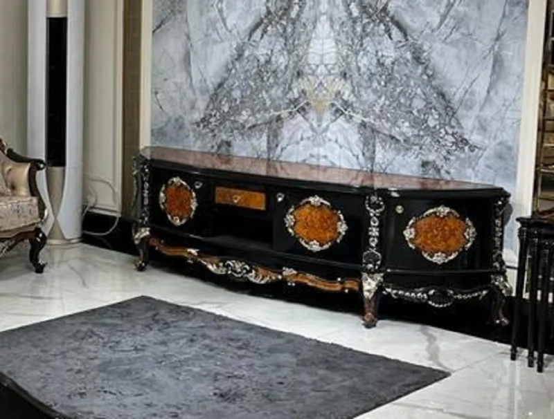 Casa Padrino Luxus Barock TV Schrank Braun / Schwarz / Silber - Prunkvolles Massivholz Sideboard mit 4 Türen und Schublade - Wohnzimmer Möbel im Barockstil - Barock Möbel - Edel & Prunkvoll