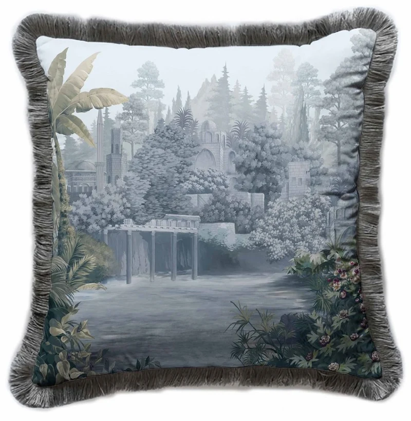 Casa Padrino Luxus Deko Kissen antike Landschaft Mehrfarbig / Grau 45 x 45 cm - Bedrucktes Samt Kissen mit Fransen - Luxus Deko Accessoires