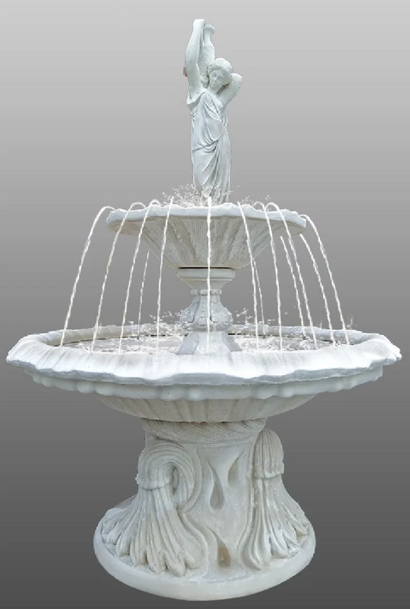 Casa Padrino Barock Springbrunnen Frau mit Krug Weiß Ø 145 x H. 215 cm - Prunkvoller Gartenbrunnen im Barockstil - Runder Gartendeko Stein Brunnen - Barock Garten Deko Accessoires