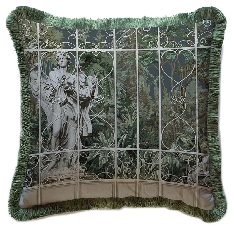 Casa Padrino Luxus Barock Deko Kissen Skulptur Grau / Braun / Grün 45 x 45 cm - Bedrucktes Samt Kissen mit Fransen - Luxus Barock Deko Accessoires