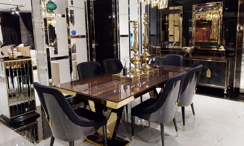 Casa Padrino Luxus Esstisch Dunkelbraun / Gold 220 x 110 x H. 81 cm - Rechteckiger Massivholz Küchentisch - Esszimmer Möbel - Luxus Möbel - Luxus Einrichtung