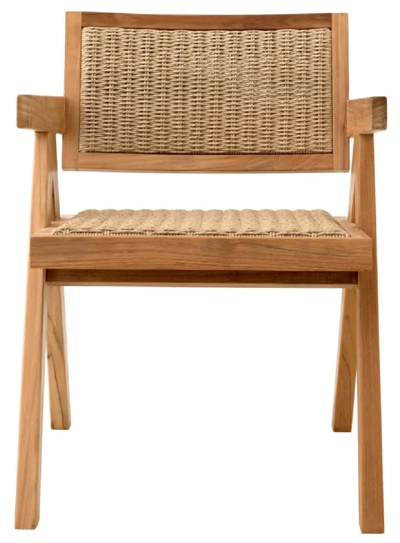 Casa Padrino Luxus Teakholz Esszimmer Stuhl mit Armlehnen Naturfarben 56 x 65,5 x H. 78 cm - Garten Stuhl - Terrassen Stuhl - Garten Möbel - Esszimmer Möbel - Luxus Teakholz Möbel