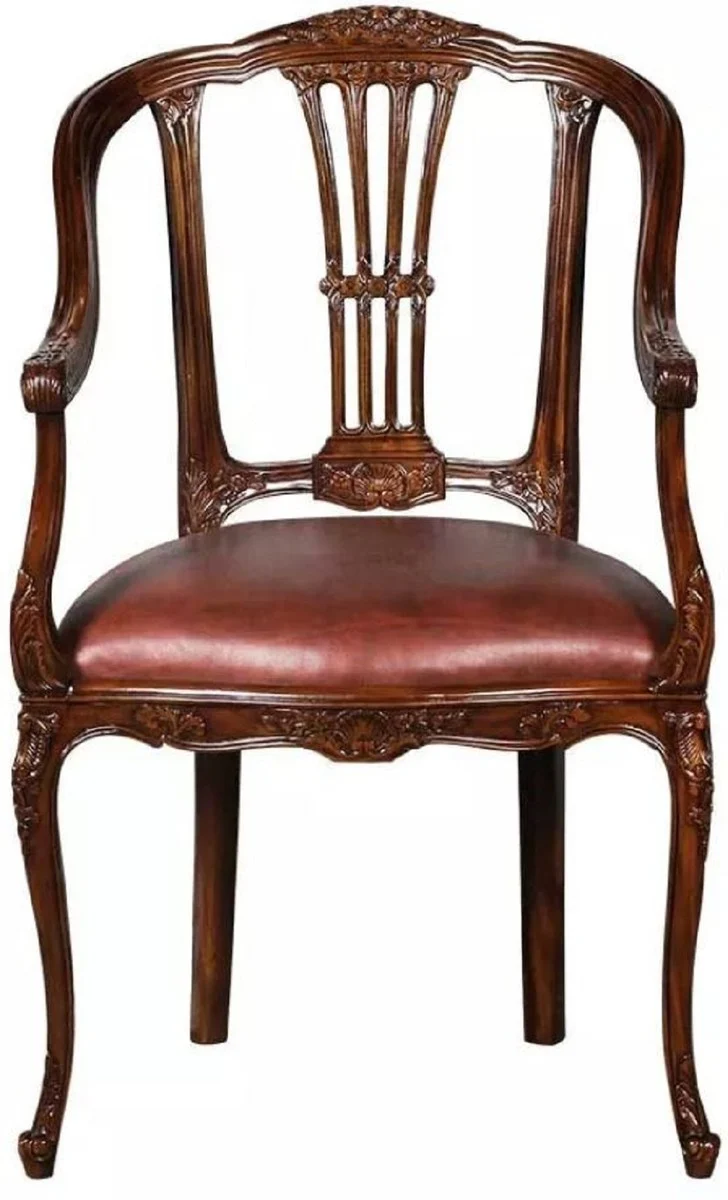 Casa Padrino Luxus Barock Leder Esszimmer Stuhl mit Armlehnen Braun - Prunkvoller Massivholz Küchenstuhl mit edlem Echtleder - Esszimmer Möbel - Leder Möbel - Barock Möbel - Barock Interior