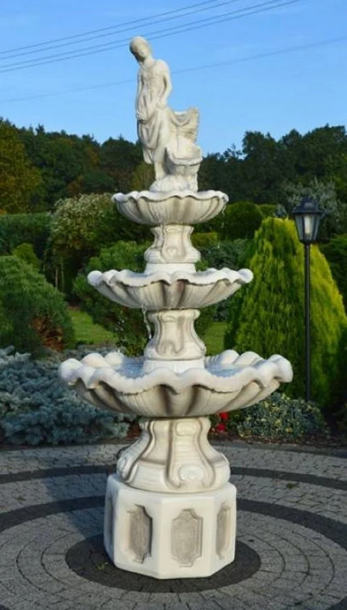 Casa Padrino Barock Springbrunnen Grau / Weiß Ø 89 x H. 180 cm - Prunkvoller Gartenbrunnen im Barockstil - Runder Gartendeko Stein Brunnen - Barock Garten Deko Accessoires