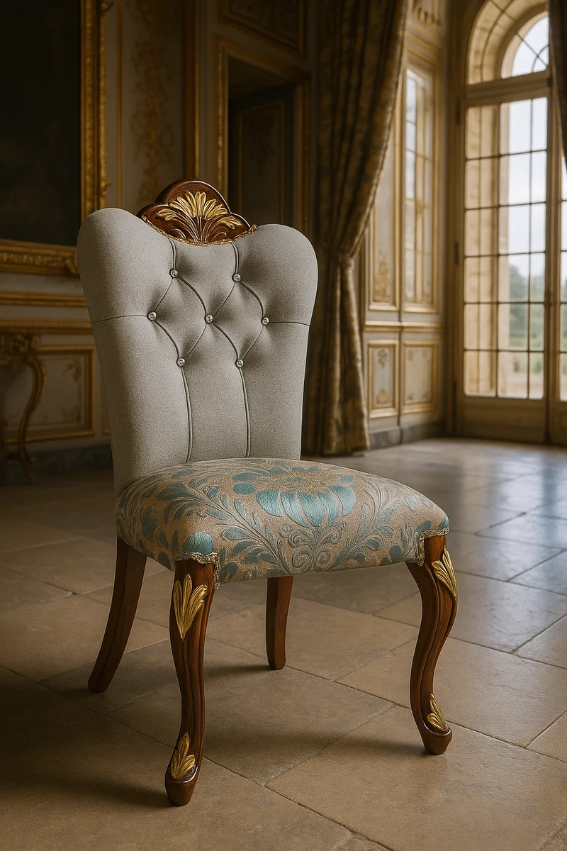 Casa Padrino Luxus Barock Esszimmer Stuhl mit Glitzersteinen Grau / Türkis / Braun / Gold - Esszimmer Möbel im Barockstil - Luxus Möbel im Barockstil - Barock Möbel - Barock Interior