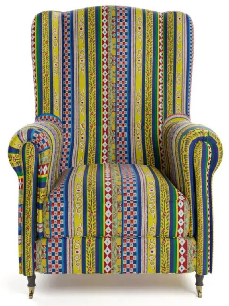 Casa Padrino Luxus Samt Sessel mit Streifen Mehrfarbig / Schwarz / Messing 82 x 93 x H. 101 cm - Wohnzimmer Sessel - Hotel Sessel - Wohnzimmer Möbel - Hotel Möbel - Luxus Möbel - Luxus Einrichtung