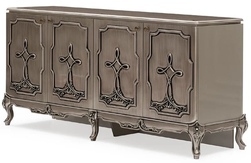 Casa Padrino Luxus Barock Sideboard Silber - Barockstil Massivholz Schrank mit 4 Türen - Luxus Esszimmer Möbel im Barockstil - Barock Esszimmer Möbel - Barock Küchen Möbel