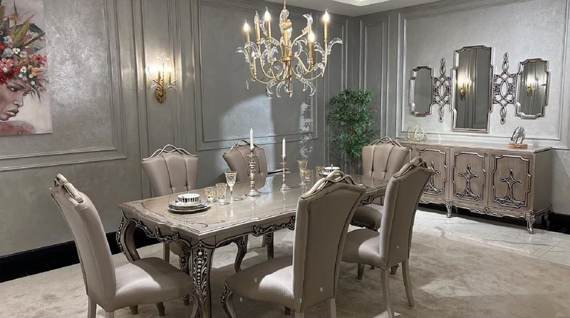 Casa Padrino Luxus Barock Sideboard Silber - Barockstil Massivholz Schrank mit 4 Türen - Luxus Esszimmer Möbel im Barockstil - Barock Esszimmer Möbel - Barock Küchen Möbel
