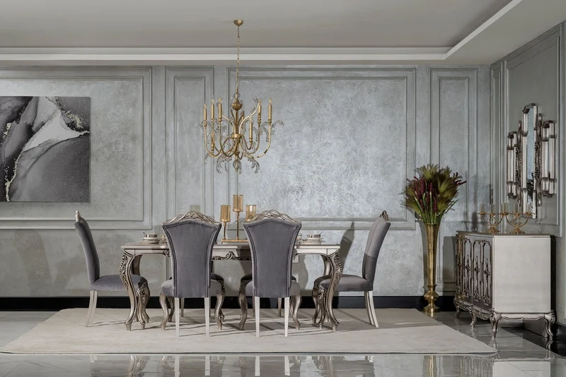 Casa Padrino Luxus Barock Sideboard Silber - Barockstil Massivholz Schrank mit 4 Türen - Luxus Esszimmer Möbel im Barockstil - Barock Esszimmer Möbel - Barock Küchen Möbel