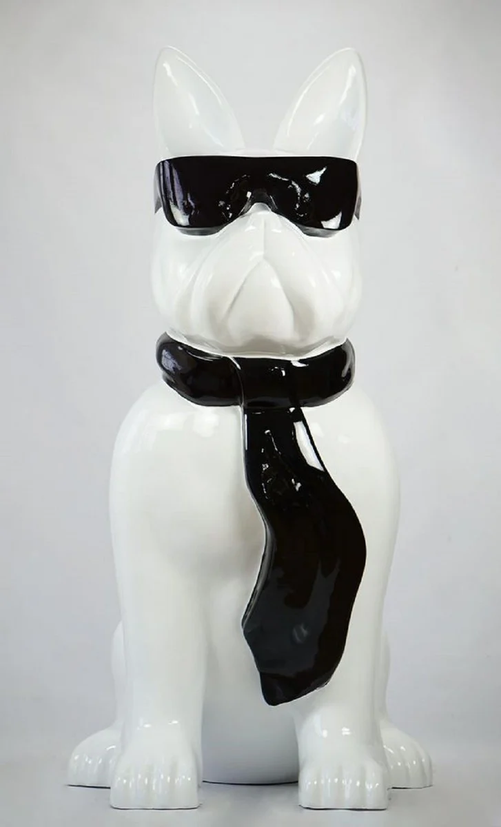 Casa Padrino Luxus XXL Deko Skulptur Hund Bulldogge mit Brille und Krawatte Weiß / Schwarz H. 196 cm - Riesige Garten Skulptur - Riesige Garten Figur - XXL Deko Skulpturen - XXL Deko Figuren