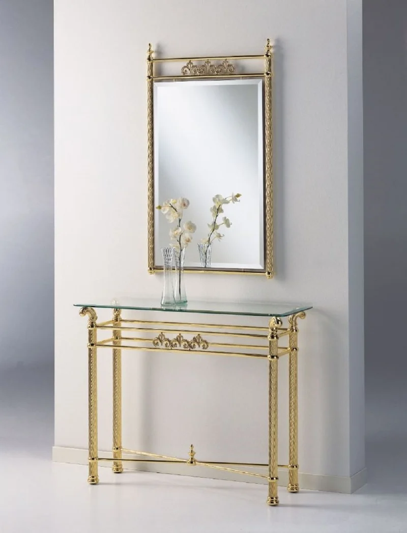 Casa Padrino Luxus Messing Konsole 103 x 36 x H. 80 cm - Rechteckiger Konsolentisch mit Glasplatte - Luxus Möbel - Hotel Möbel - Luxus Qualität - Made in Italy