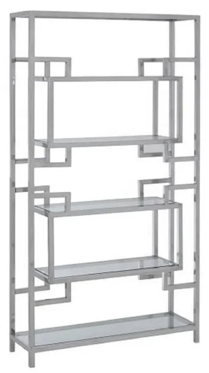 Casa Padrino Regalschrank mit Glasregalen Silber 100 x 30 x H. 180 cm - Bücherschrank - Wohnzimmer Schrank - Büro Schrank - Wohnzimmer Möbel - Büro Möbel - Luxus Möbel