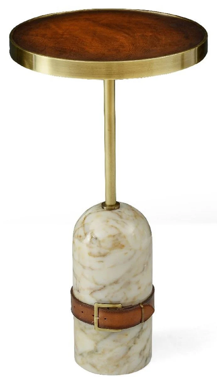 Casa Padrino Luxus Beistelltisch Braun / Messing / Creme Ø 33,5 x H. 61 cm - Runder Tisch mit Marmorfuß - Wohnzimmer Möbel - Luxus Möbel