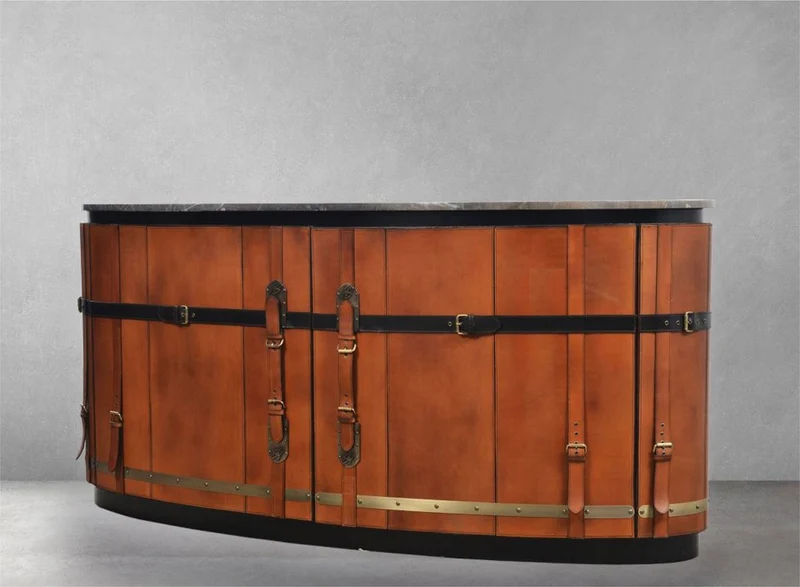 Casa Padrino Luxus Sideboard Braun / Schwarz / Grau / Messing 184 x 48 x H. 87 cm - Gebogener Massivholz Schrank mit 2 Türen und Marmorplatte - Wohnzimmer Möbel - Luxus Möbel