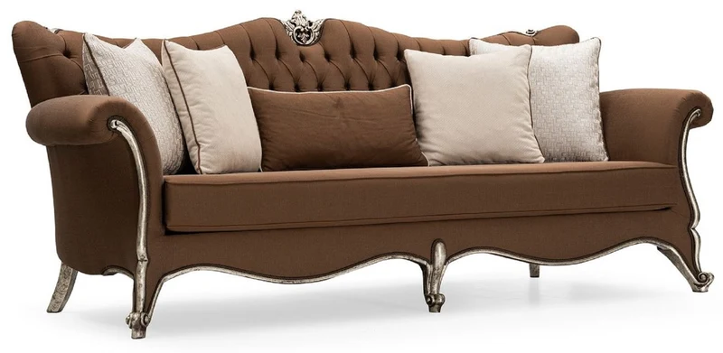 Casa Padrino Luxus Barock Wohnzimmer Set Braun / Creme / Antik Silber - 2 Sofas & 2 Sessel & 1 Couchtisch & 2 Beistelltische - Handgefertigte Wohnzimmer Möbel im Barockstil - Edel & Prunkvoll