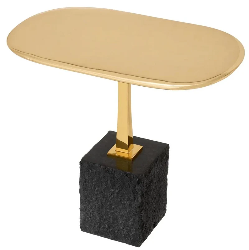 Casa Padrino Luxus Beistelltisch Messing / Schwarz 56 x 36 x H. 50 cm - Ovaler Messing Tisch mit Granitsockel - Luxus Möbel - Wohnzimmer Möbel - Luxus Einrichtung - Wohnzimmer Einrichtung