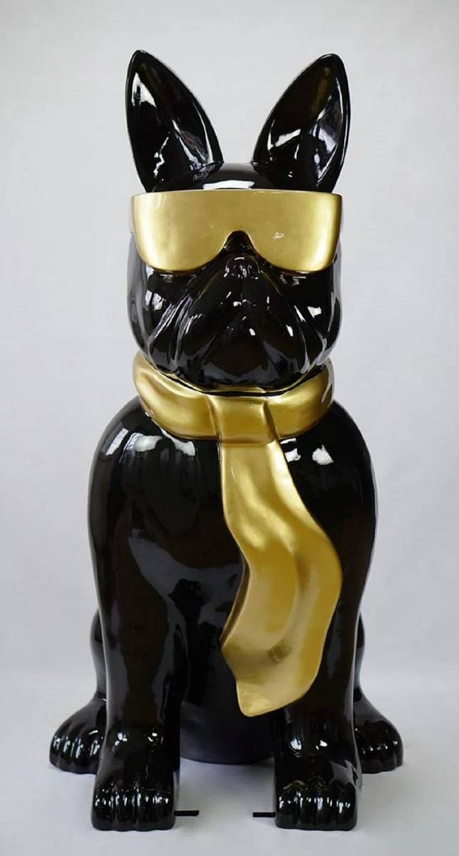 Casa Padrino Luxus XXL Deko Skulptur Hund Bulldogge mit Brille und Krawatte Schwarz / Gold H. 196 cm - Riesige Garten Skulptur - Riesige Garten Figur - XXL Deko Skulpturen - XXL Deko Figuren