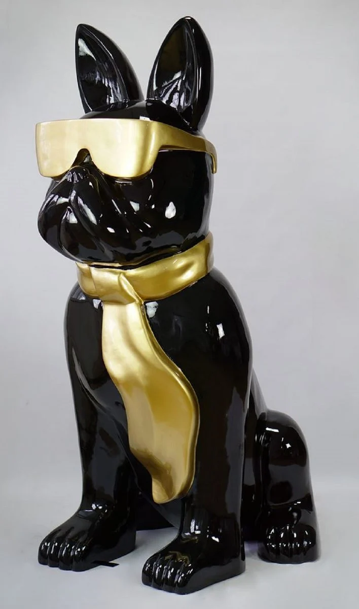 Casa Padrino Luxus XXL Deko Skulptur Hund Bulldogge mit Brille und Krawatte Schwarz / Gold H. 196 cm - Riesige Garten Skulptur - Riesige Garten Figur - XXL Deko Skulpturen - XXL Deko Figuren